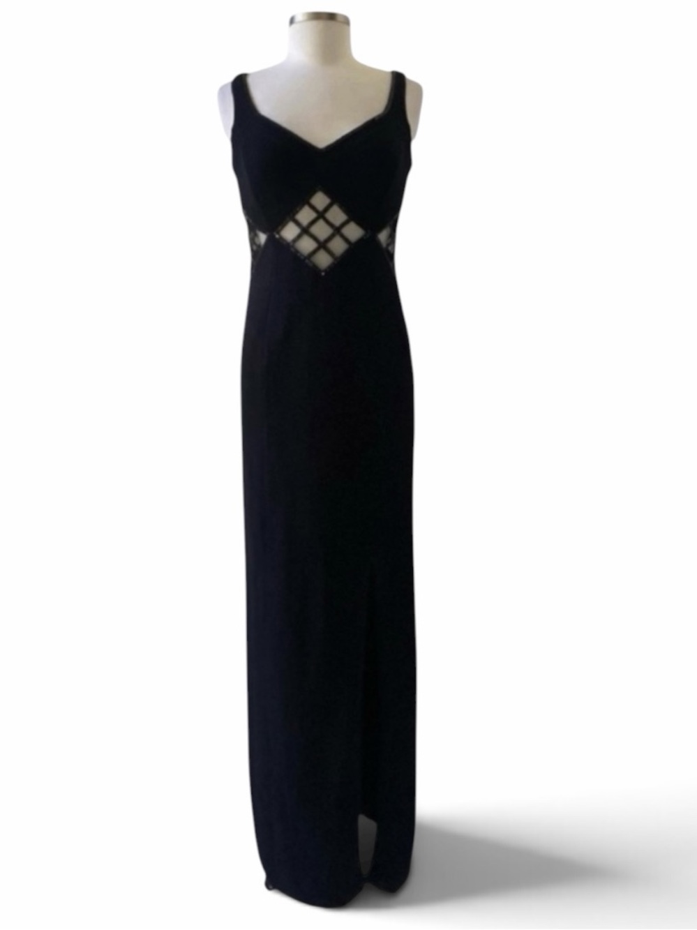 St John Evening Black Sleeveless Cutout Long Knit Dress with Paillette Detail